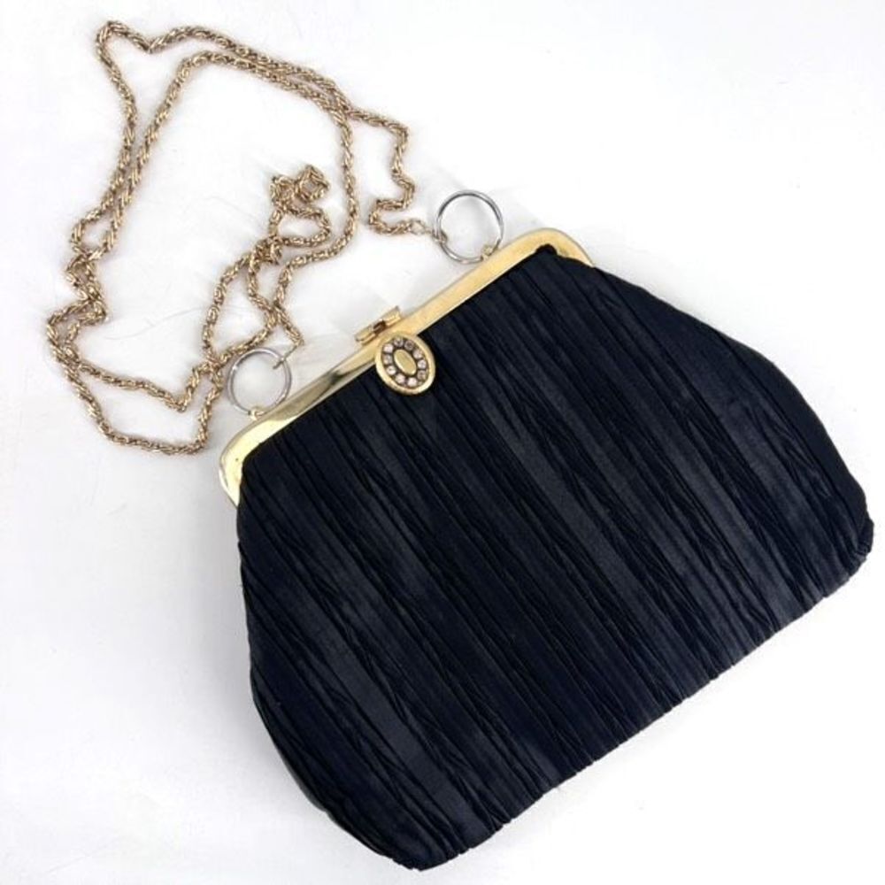 Tango Women's Black Satin Flat Pleated Rhinestone Clutch Purse Shoulder Bag‎